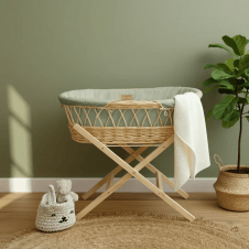 Organic Natural Wicker Moses Basket + Folding Stand 