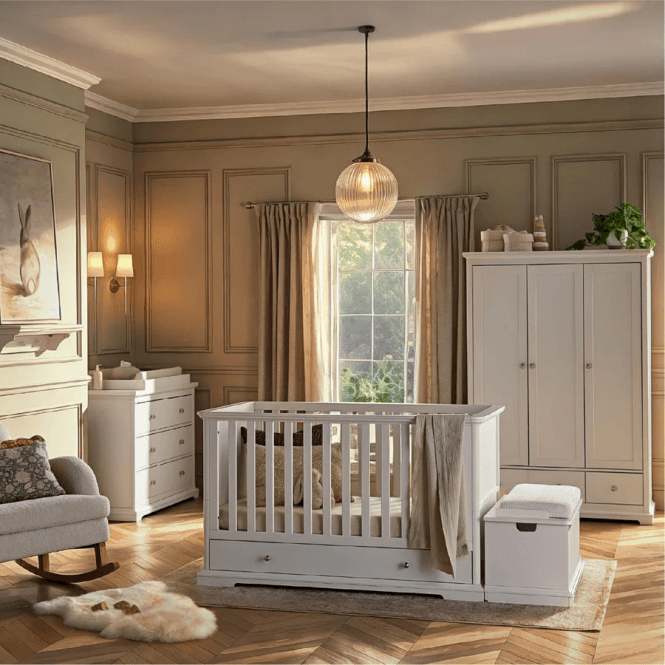 CuddleCo Beaumont 3 Piece Nursery Furniture Set + Free Airflow Fibre Deluxe Mattress - White