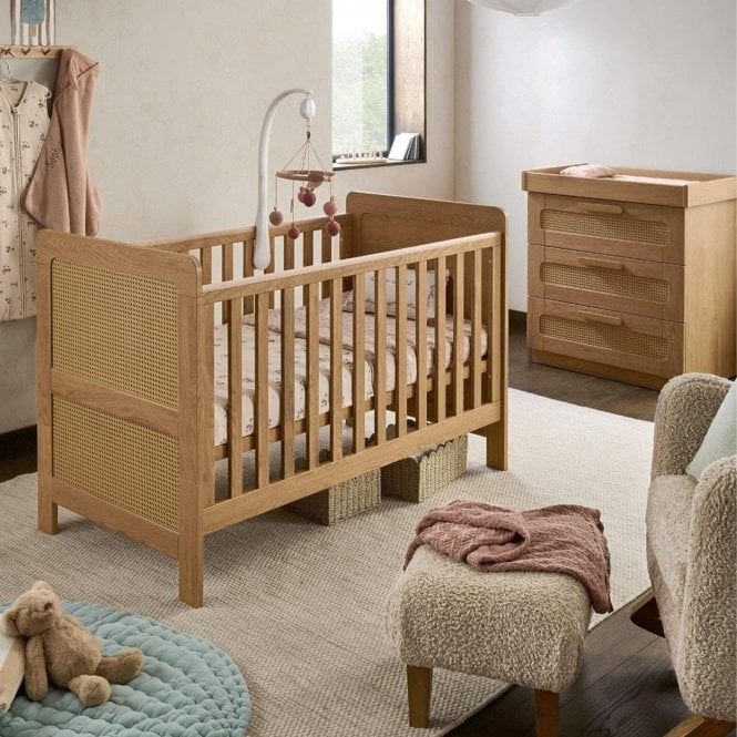 Mamas & Papas Esna Set + Free Airflow Fibre Deluxe Mattress - Rattan/Oak