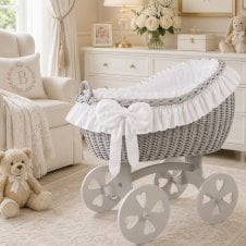 Bianca Grey Wicker Crib Heart Wheels