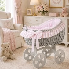Bianca Grey Wicker Crib Heart Wheels
