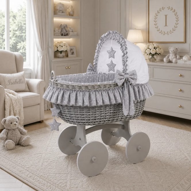 MJ Mark Cloud & Stars Grey Wicker Crib Solid Wheels