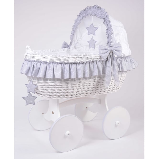 MJ Mark Cloud & Stars White Wicker Crib Solid Wheels