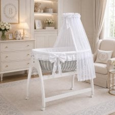 Miranda White Wicker Swinging Crib with Drapes