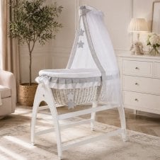 Miranda White Wicker Swinging Crib with Drapes