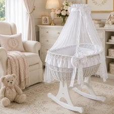 Ophelia Rocking Crib White Wicker with Drapes 