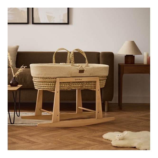 The Little Green Sheep Natural Wheat Knit Moses Basket, Mattress & Rocking Stand
