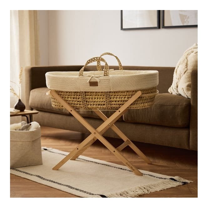 The Little Green Sheep Natural Wheat Knit Moses Basket, Mattress & Static Foldable Stand
