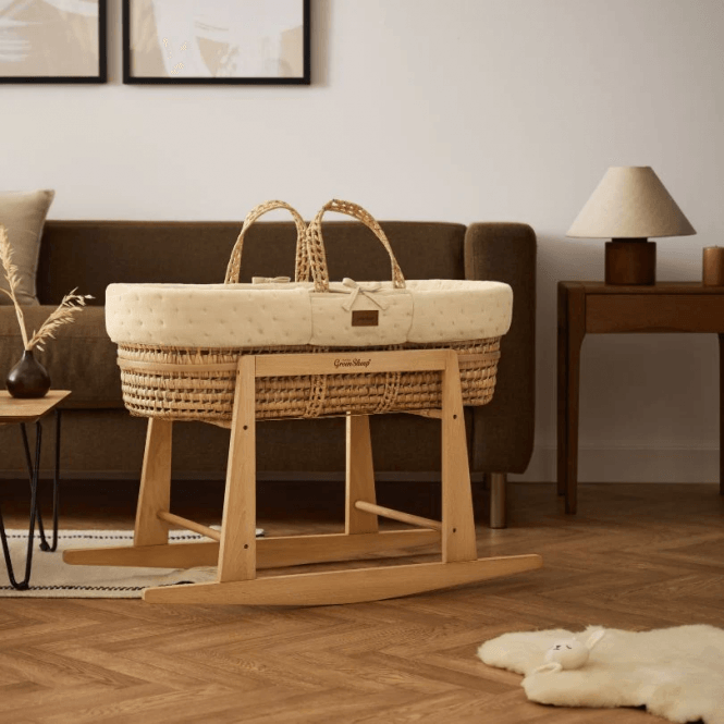 The Little Green Sheep Organic Dimple Quilted Moses Basket, Mattress & Natural Rocking Stand 