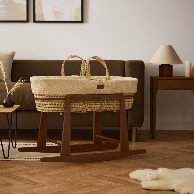 The Little Green Sheep Organic Wheat Knitted Moses Basket, Mattress & Walnut Rocking Stand