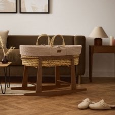 Organic Wheat Knitted Moses Basket, Mattress & Walnut Rocking Stand