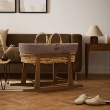 Organic Wheat Knitted Moses Basket, Mattress & Walnut Rocking Stand